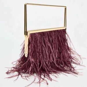 Zara Gold and Burgundy Feather Evening Clutch New with Tag